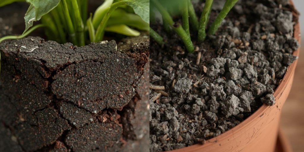 Errores más comunes al cuidar plantas de interior (y cómo evitarlos) planta de interior con sustrato inadecuado y compacto
