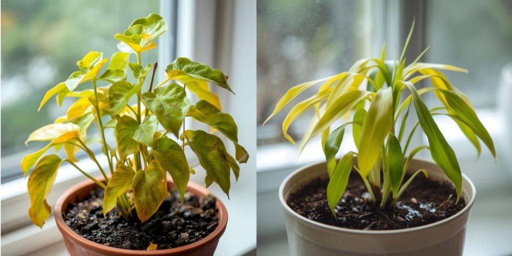 Errores más comunes al cuidar plantas de interior (y cómo evitarlos) planta de interior con hojas amarillas por exceso riego