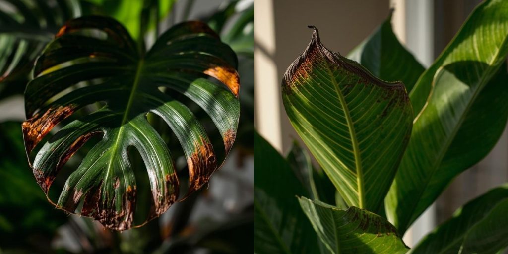 Errores más comunes al cuidar plantas de interior (y cómo evitarlos) planta de interior con hojas secas por luz directa